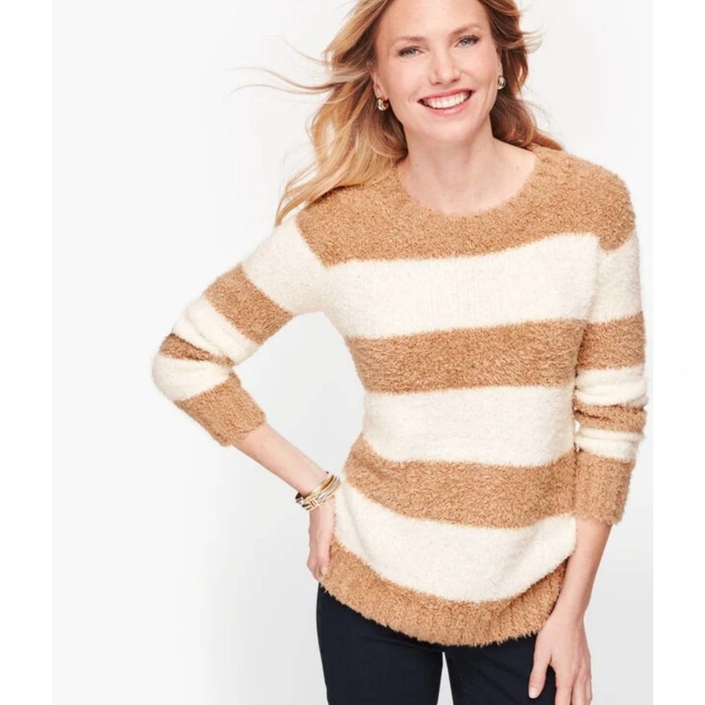 Talbots Ultra Plush Stripe Crewneck Sweater Tan Cream Size XL - Picture 2 of 3